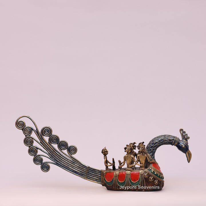 Handcrafted Bastar Dhokra Brass Peacock Boat Sculpture