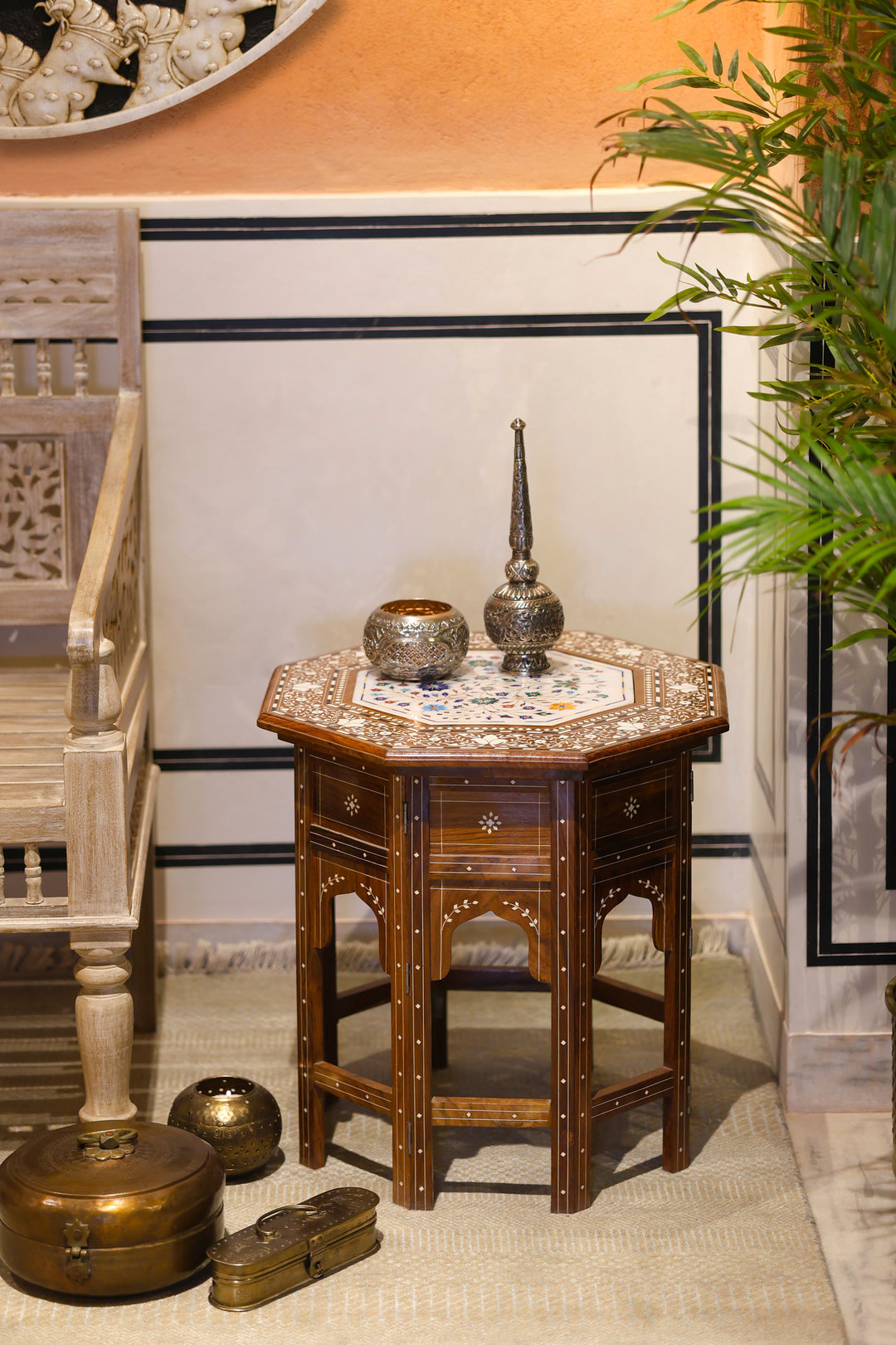 Octagonal Foldable Side Table with Marble &amp; Semi-Precious Stone Inlay Work