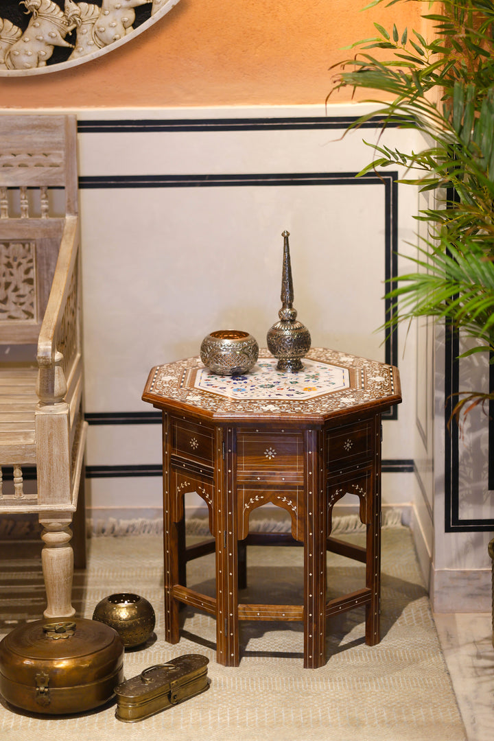 Octagonal Foldable Side Table with Marble &amp; Semi-Precious Stone Inlay Work