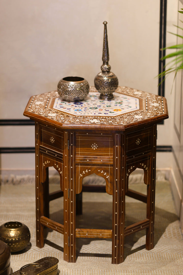 Octagonal Foldable Side Table with Marble &amp; Semi-Precious Stone Inlay Work