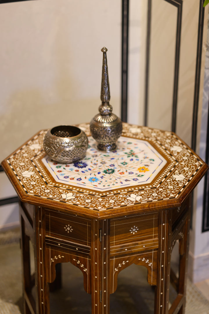 Octagonal Foldable Side Table with Marble &amp; Semi-Precious Stone Inlay Work