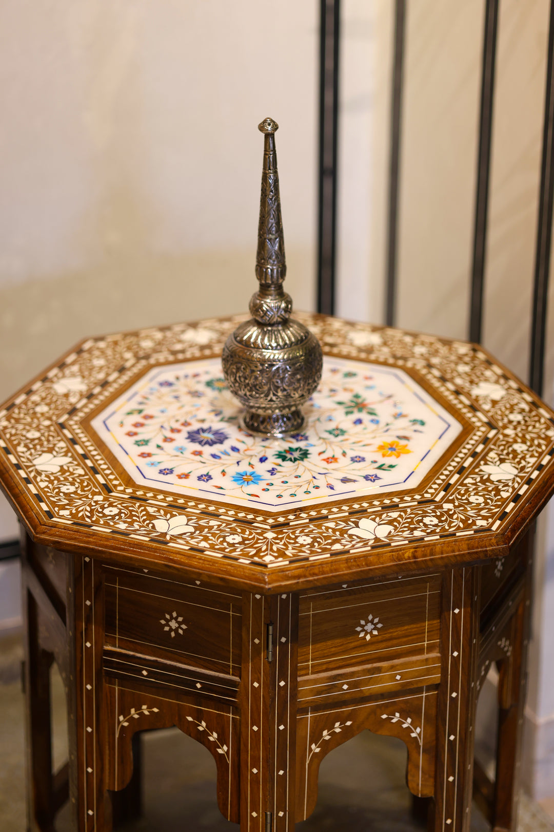 Octagonal Foldable Side Table with Marble &amp; Semi-Precious Stone Inlay Work