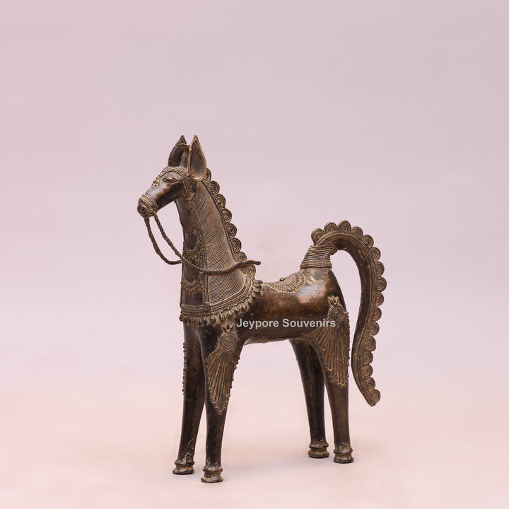Handcrafted Brass Dhokra Horse Statue With Antique Finish