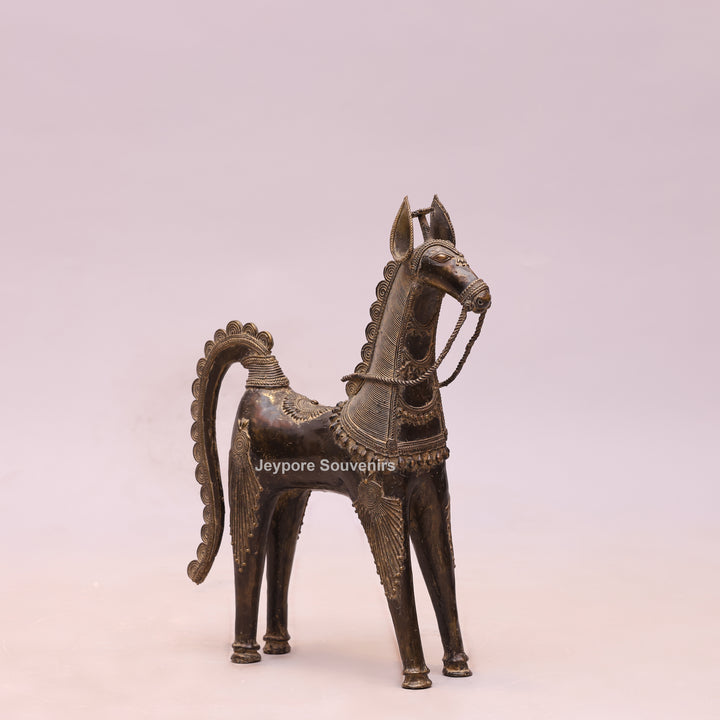 Handcrafted Brass Dhokra Horse Statue With Antique Finish
