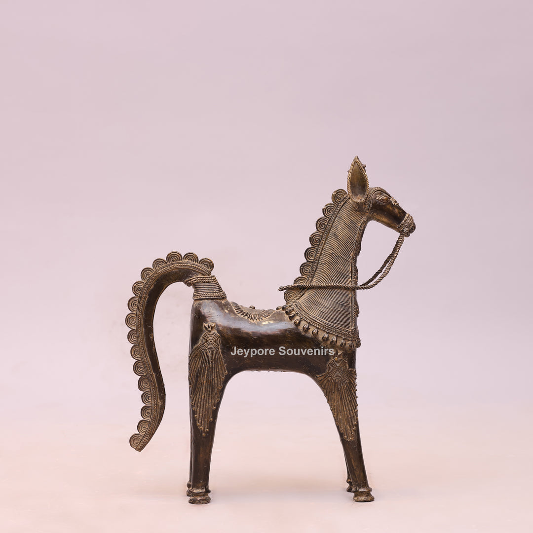 Handcrafted Brass Dhokra Horse Statue With Antique Finish