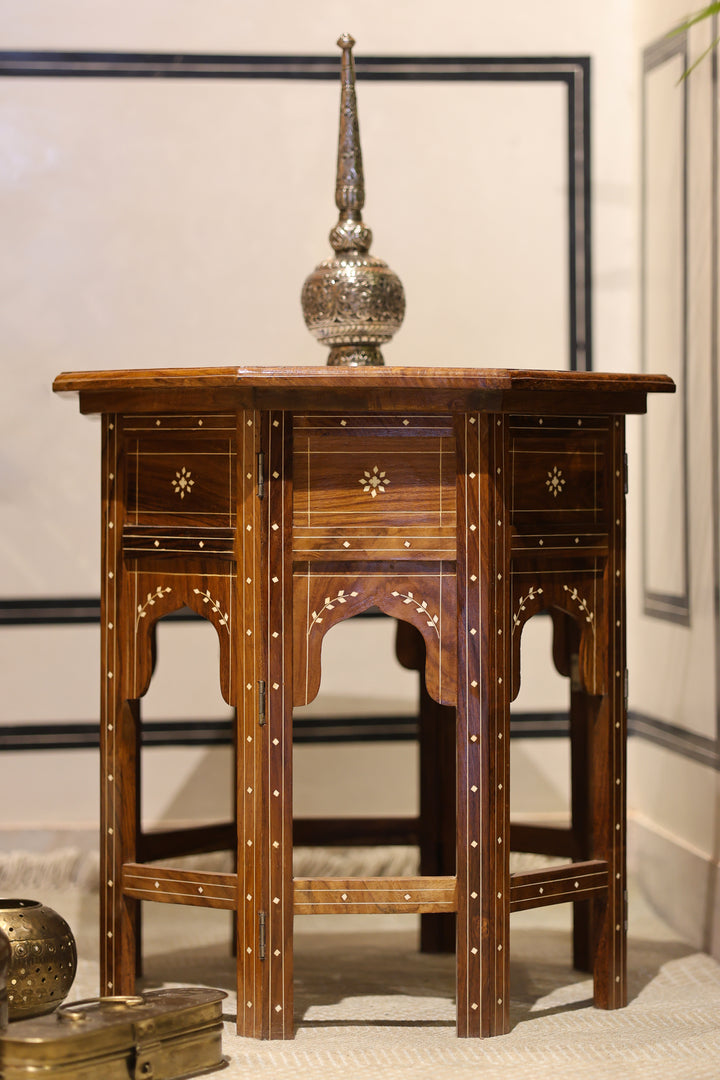 Handcrafted Pietra Dura Wooden Side Table with Marble &amp; Semi-Precious Stone Inlay Work