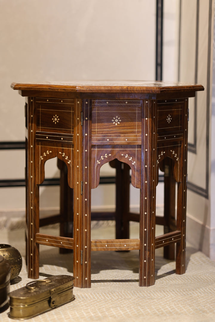 Handcrafted Pietra Dura Wooden Side Table with Marble &amp; Semi-Precious Stone Inlay Work