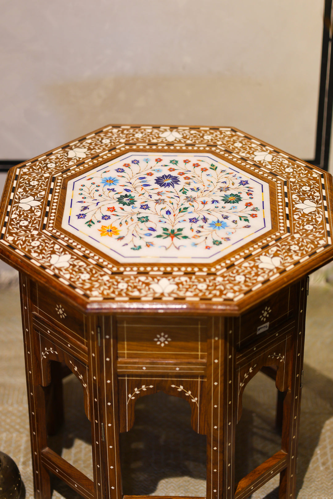 Octagonal Foldable Side Table with Marble &amp; Semi-Precious Stone Inlay Work