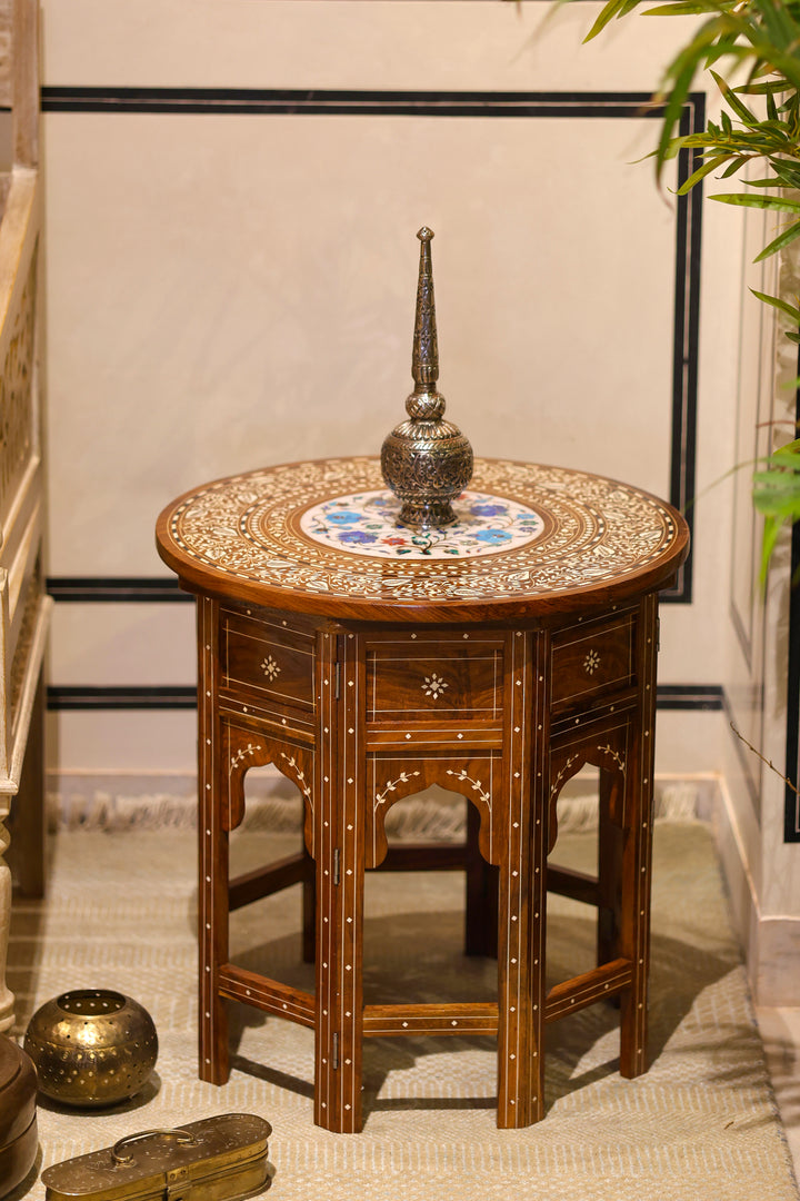 Handcrafted Wooden Folding Side Table with Bone Inlay &amp; Marble Top Work