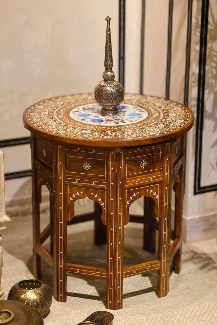 Handcrafted Wooden Folding Side Table with Bone Inlay &amp; Marble Top Work