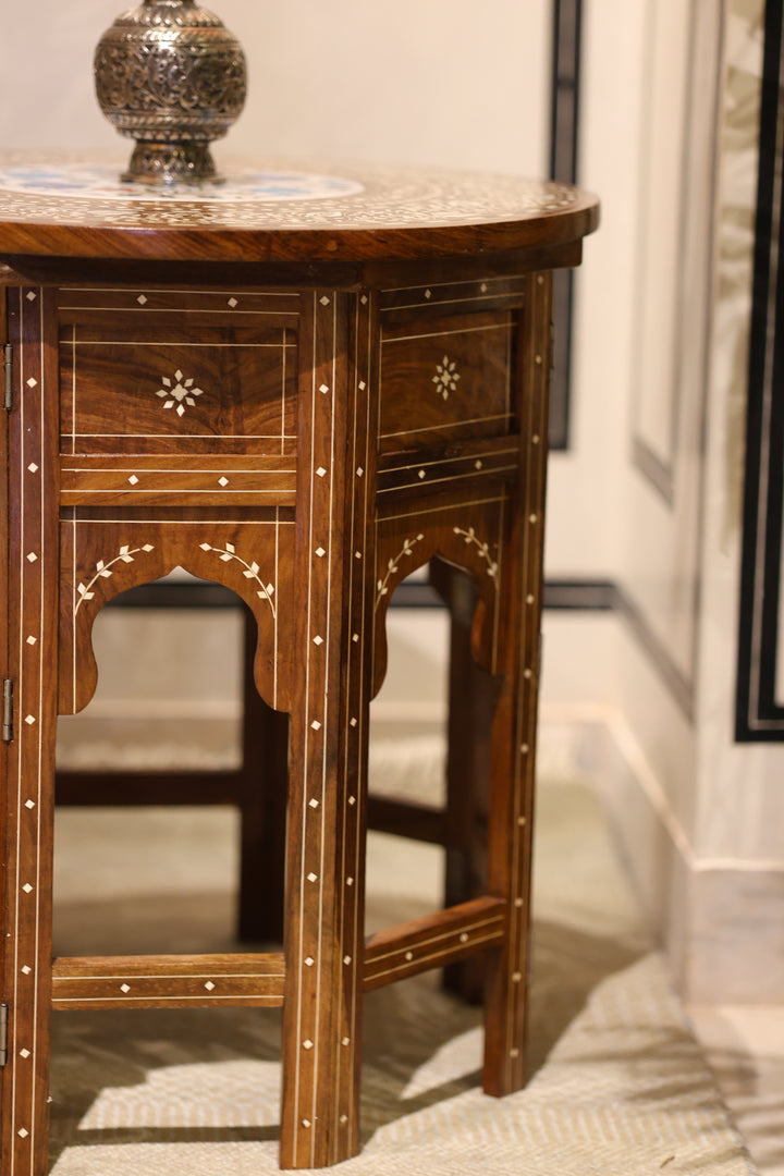 Handcrafted Pietra Dura Wooden Side Table with Marble &amp; Semi-Precious Stone Inlay Work