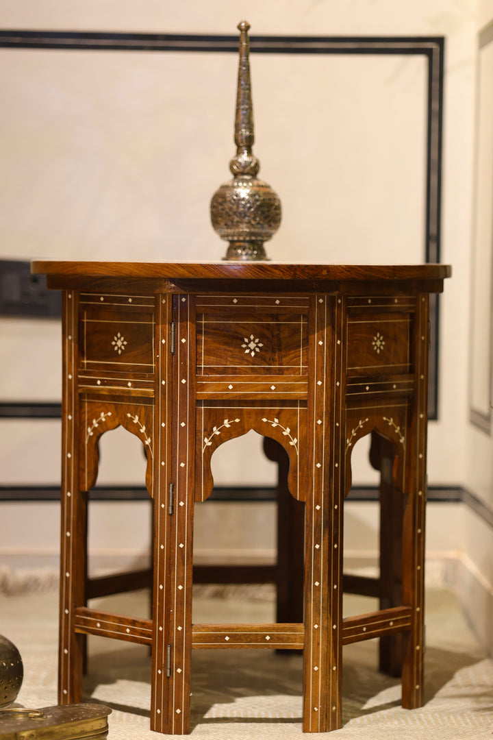 Octagonal Foldable Side Table with Marble &amp; Semi-Precious Stone Inlay Work
