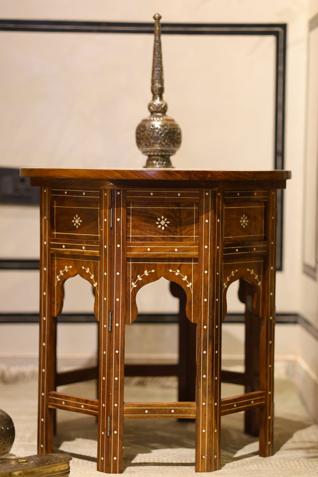 Handcrafted Wooden Folding Side Table with Bone Inlay &amp; Marble Top Work