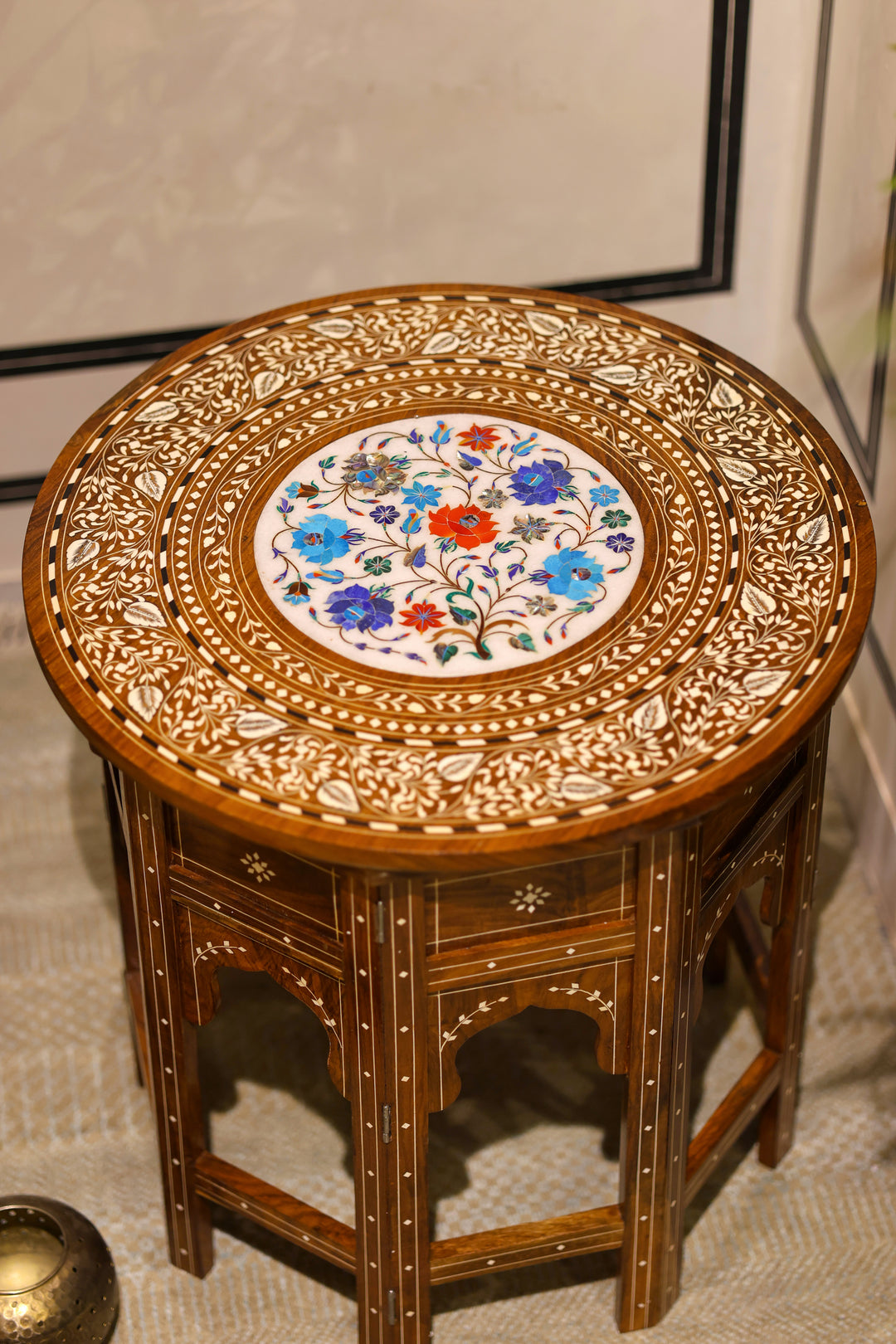 Handcrafted Wooden Folding Side Table with Bone Inlay &amp; Marble Top Work