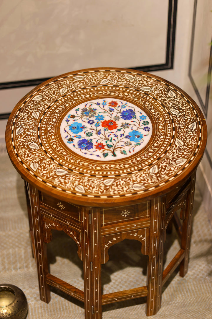 Handcrafted Wooden Folding Side Table with Bone Inlay &amp; Marble Top Work
