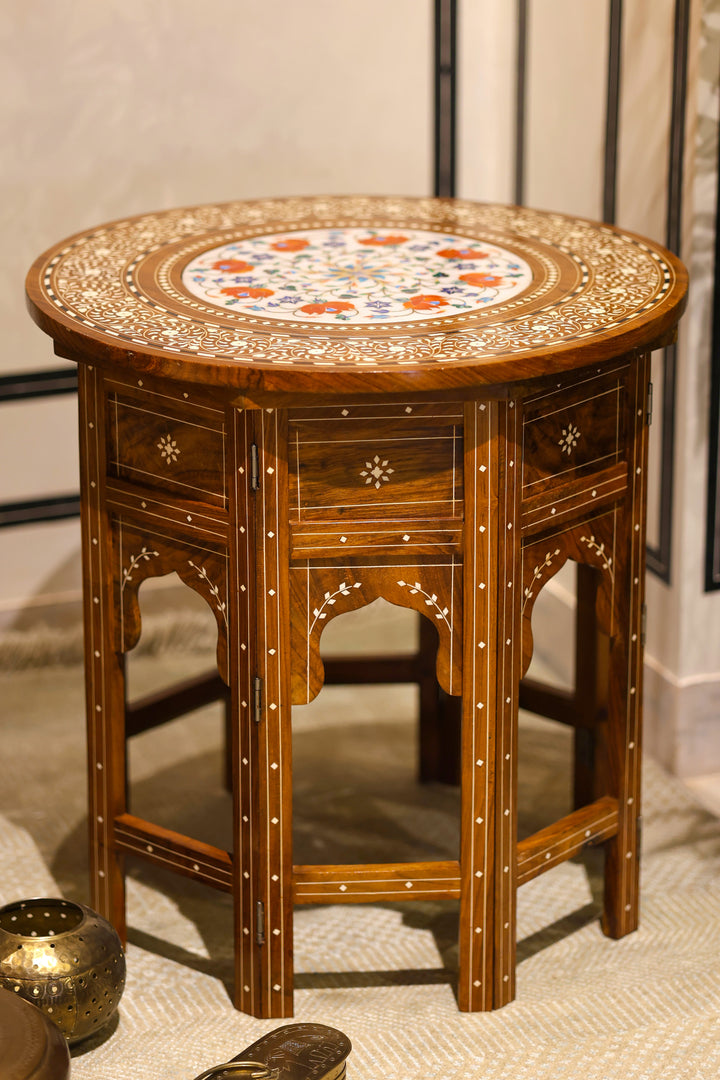 Handcrafted Pietra Dura Wooden Side Table with Marble &amp; Semi-Precious Stone Inlay Work
