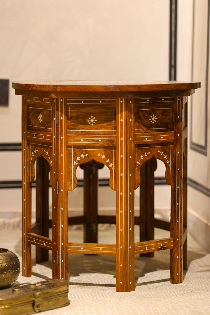 Handcrafted Pietra Dura Wooden Side Table with Marble &amp; Semi-Precious Stone Inlay Work