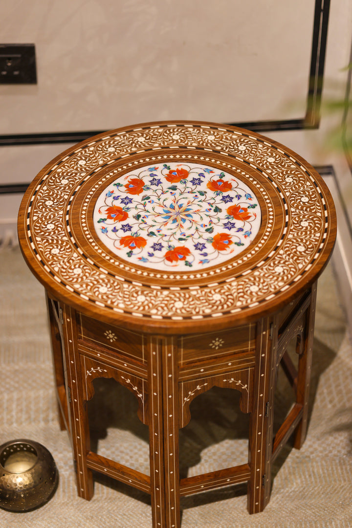 Handcrafted Pietra Dura Wooden Side Table with Marble &amp; Semi-Precious Stone Inlay Work