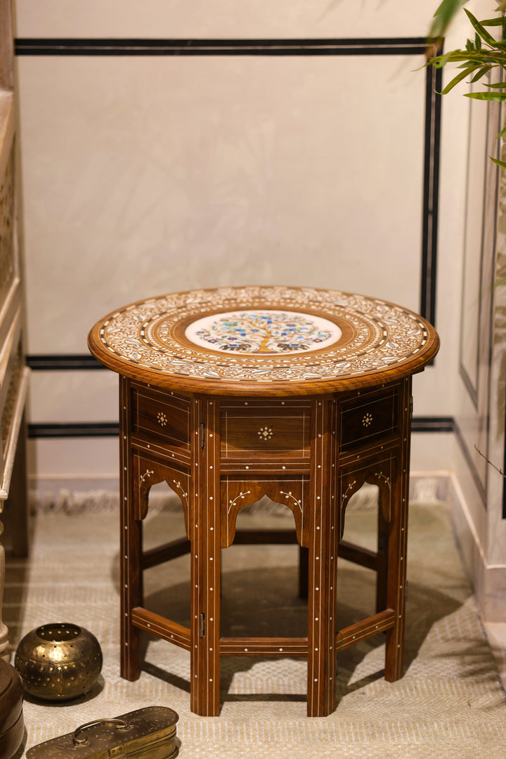 Pietra Dura Tree of Life Foldable Side Table with Marble &amp; Semi-Precious Stone Inlay Work