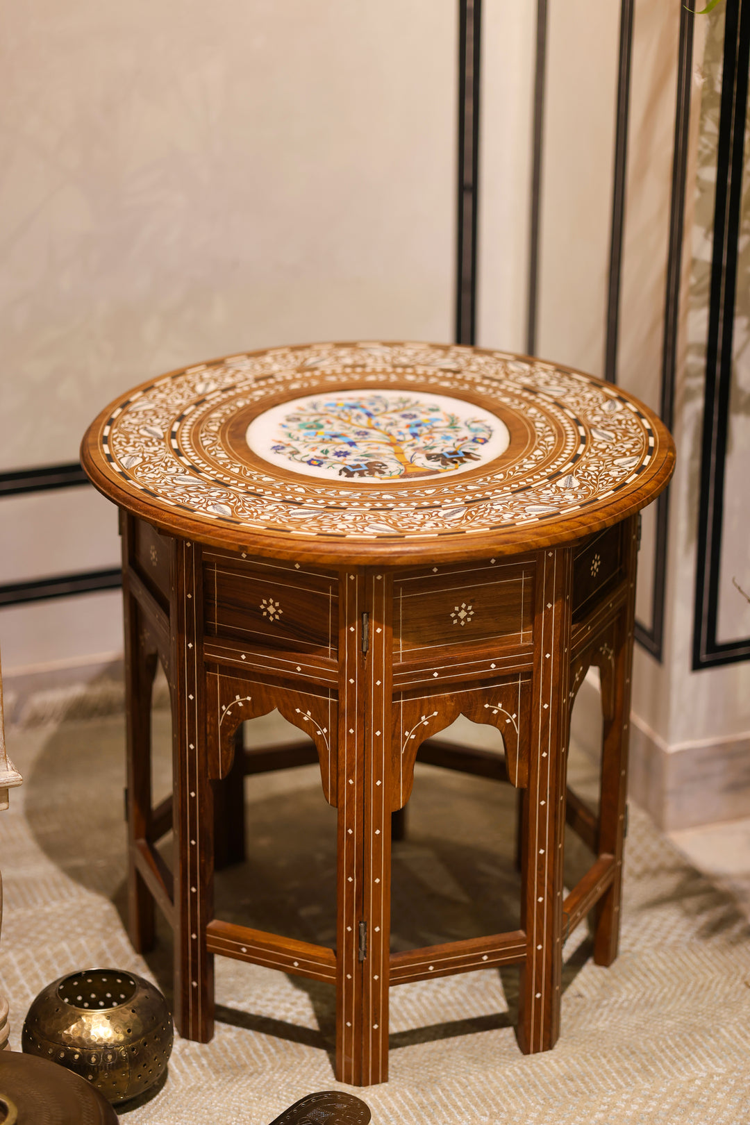 Pietra Dura Tree of Life Foldable Side Table with Marble &amp; Semi-Precious Stone Inlay Work