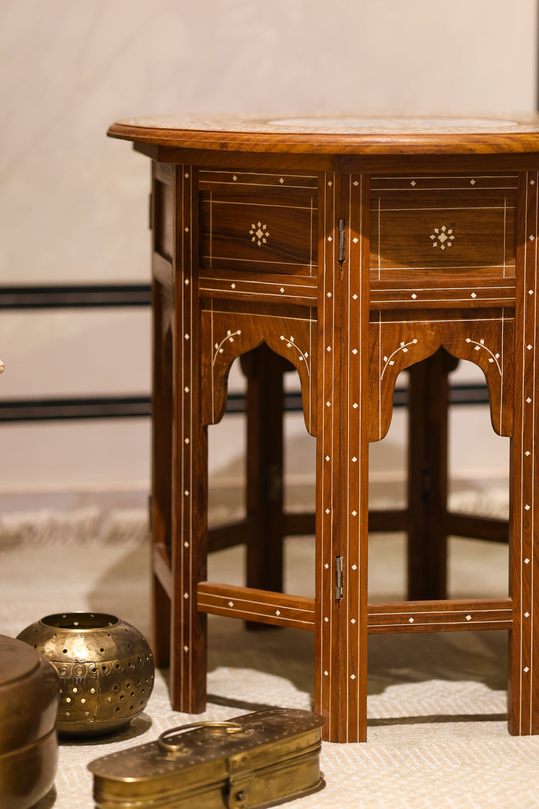 Handcrafted Wooden Folding Side Table with Bone Inlay &amp; Marble Top Work