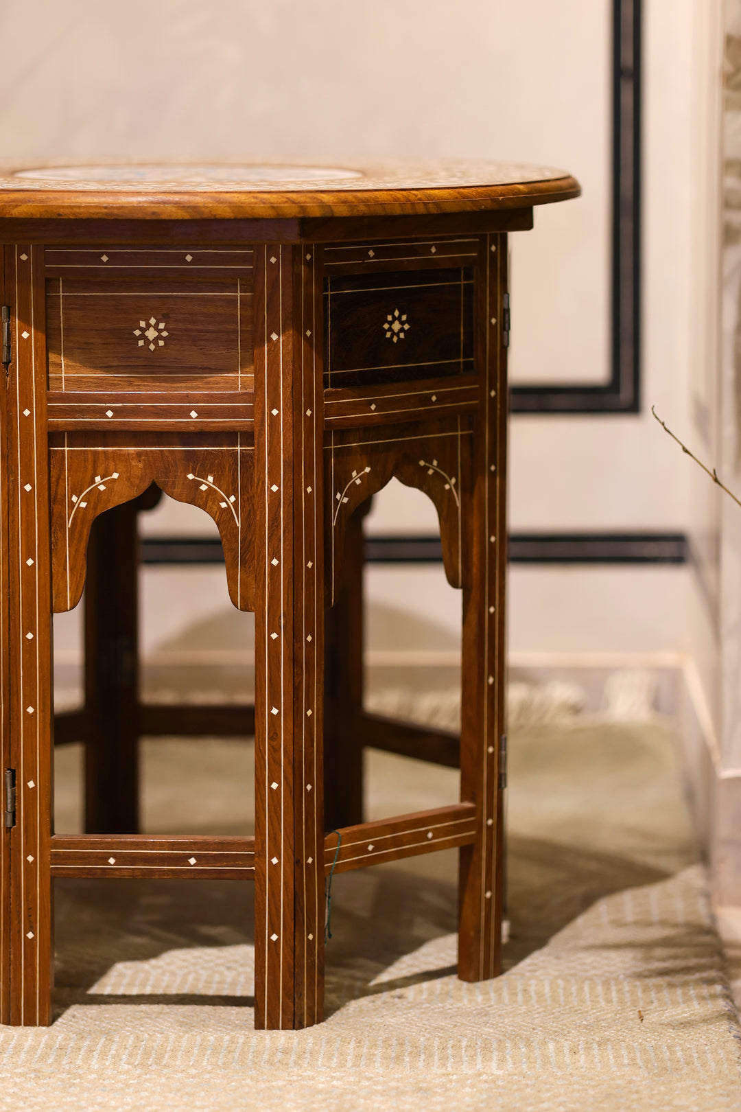 Handcrafted Pietra Dura Wooden Side Table with Marble &amp; Semi-Precious Stone Inlay Work