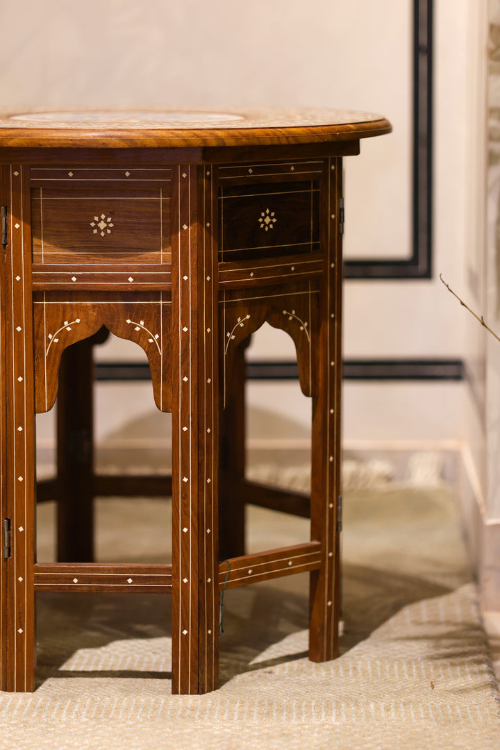 Handcrafted Pietra Dura Wooden Side Table with Marble &amp; Semi-Precious Stone Inlay Work