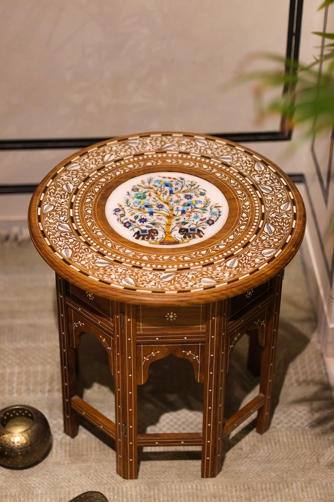 Pietra Dura Tree of Life Foldable Side Table with Marble &amp; Semi-Precious Stone Inlay Work