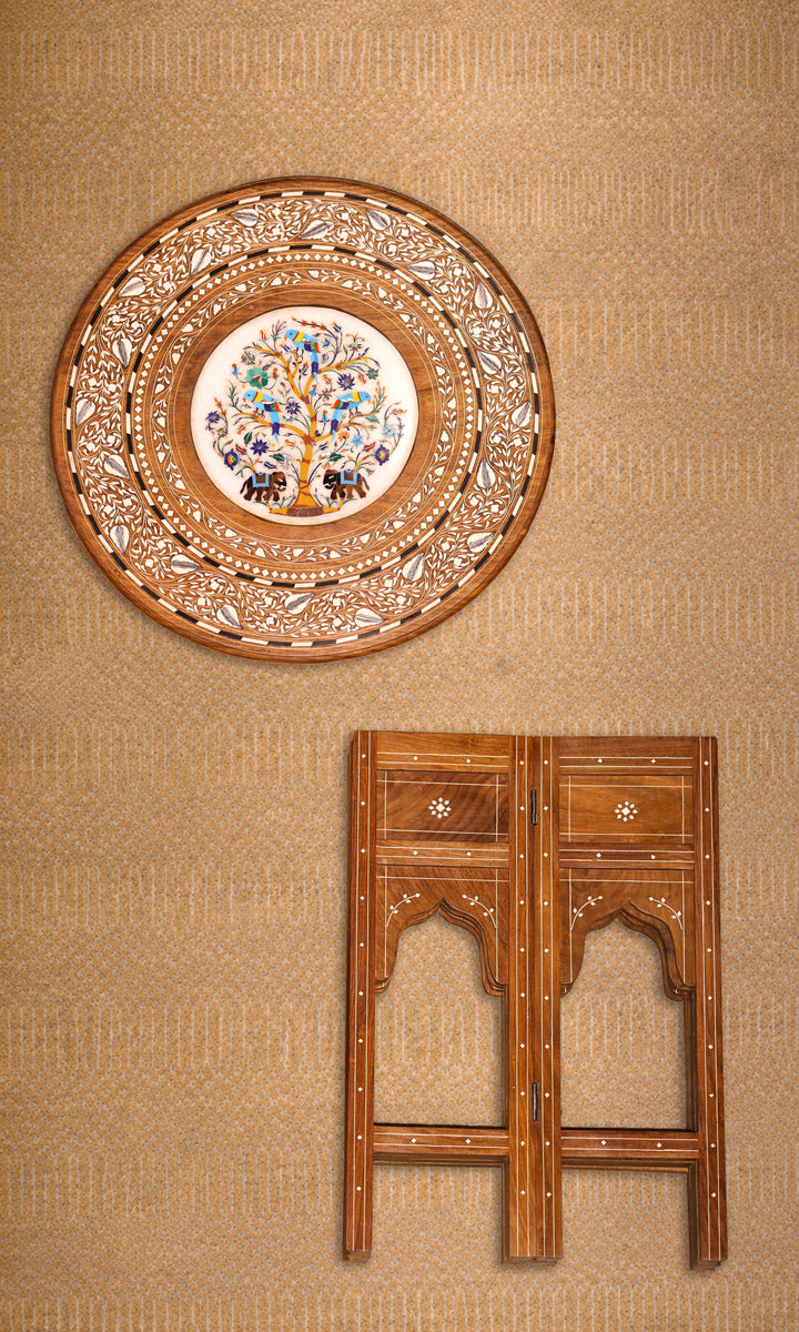 Pietra Dura Tree of Life Foldable Side Table with Marble &amp; Semi-Precious Stone Inlay Work