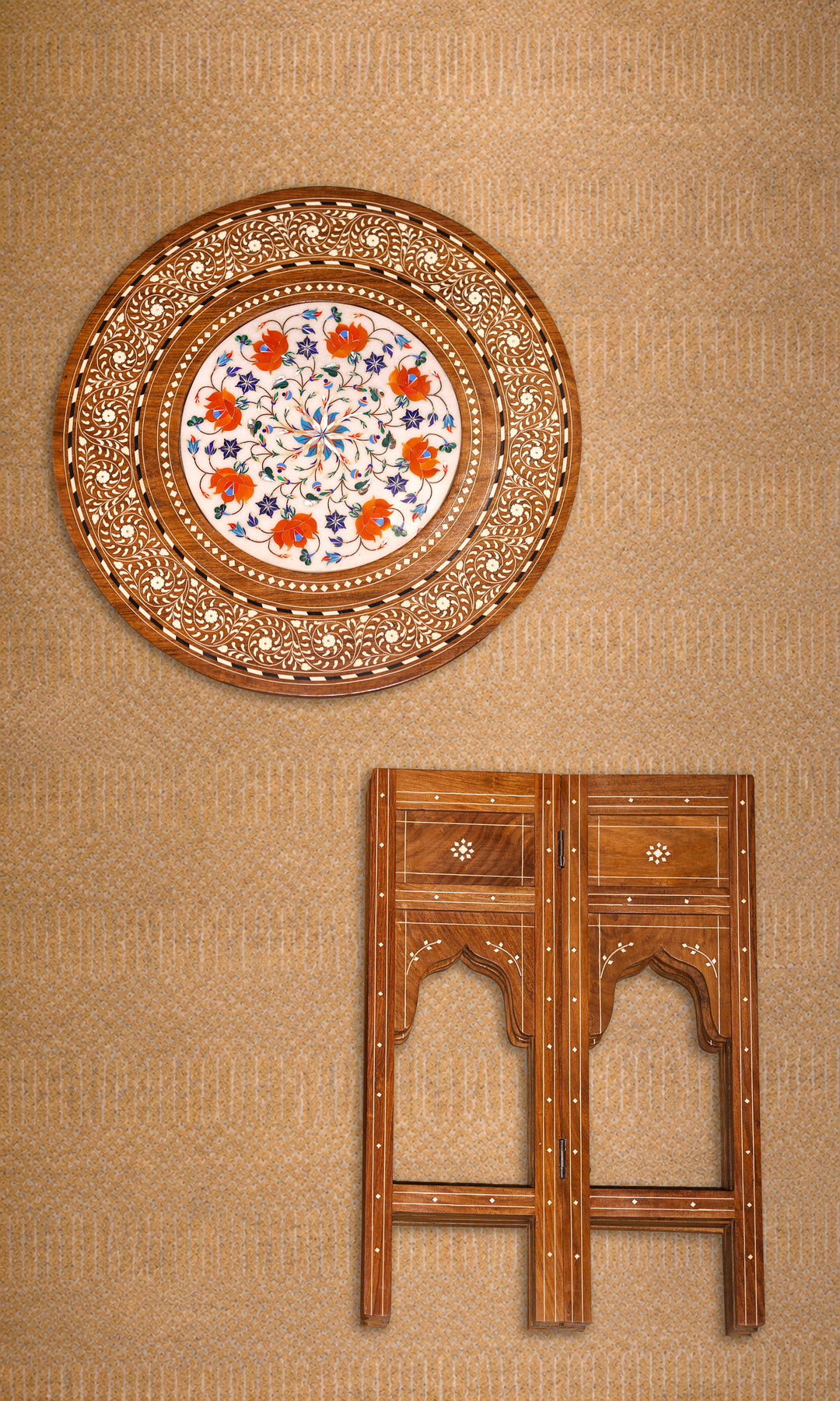 Handcrafted Pietra Dura Wooden Side Table with Marble &amp; Semi-Precious Stone Inlay Work
