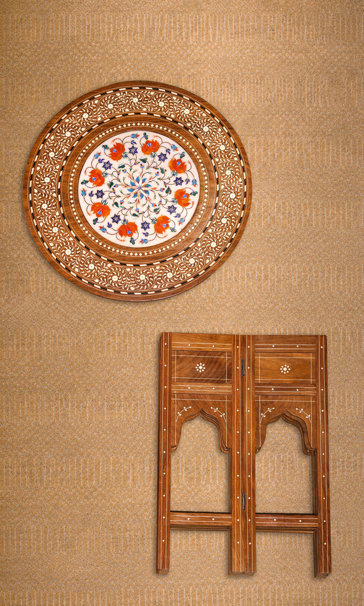 Handcrafted Pietra Dura Wooden Side Table with Marble &amp; Semi-Precious Stone Inlay Work