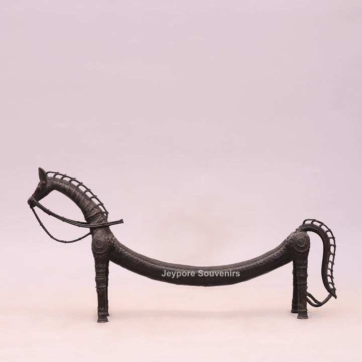 Handcrafted Dhokra Brass Large Tribal Horse Sculpture in Antique Finish