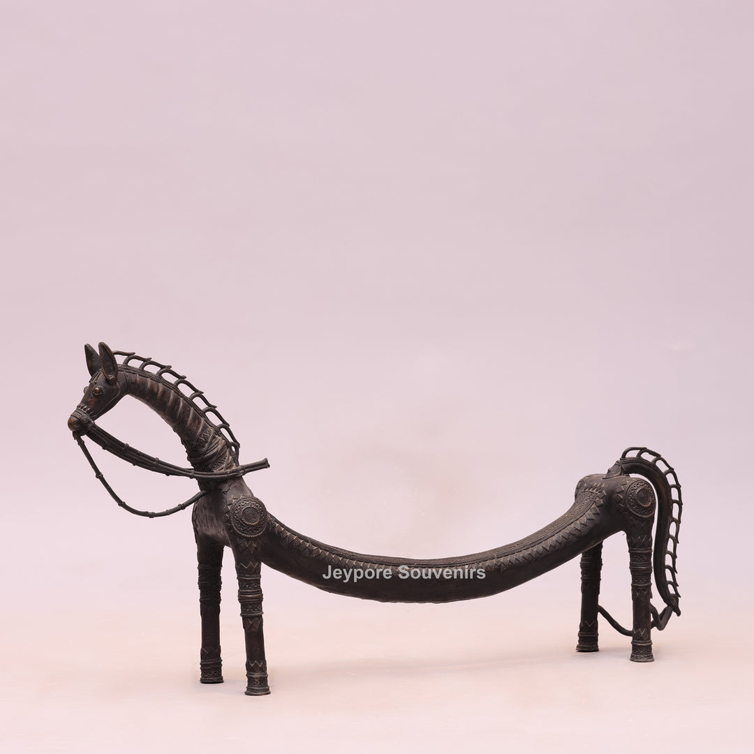 Handcrafted Dhokra Brass Large Tribal Horse Sculpture in Antique Finish