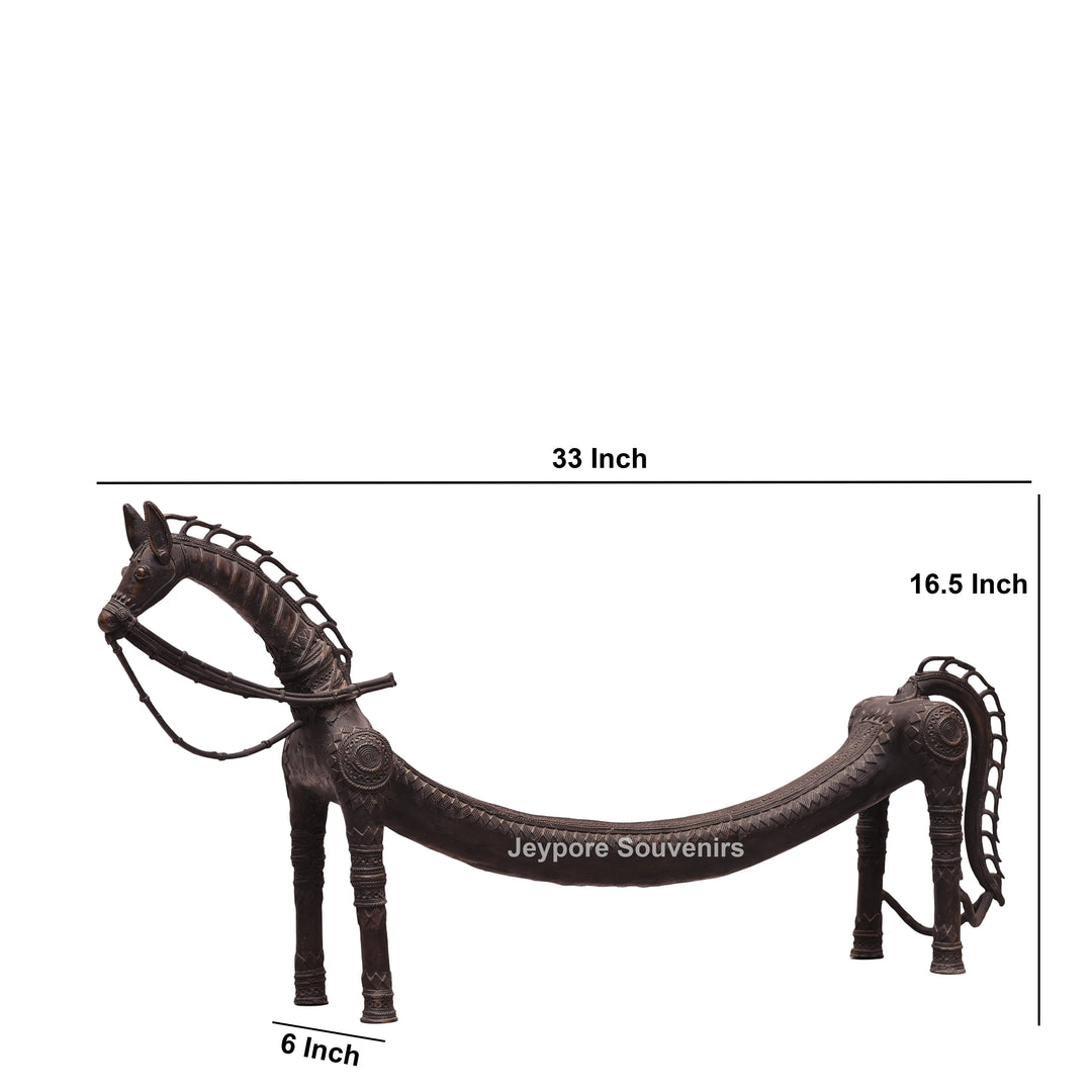 Handcrafted Dhokra Brass Large Tribal Horse Sculpture in Antique Finish