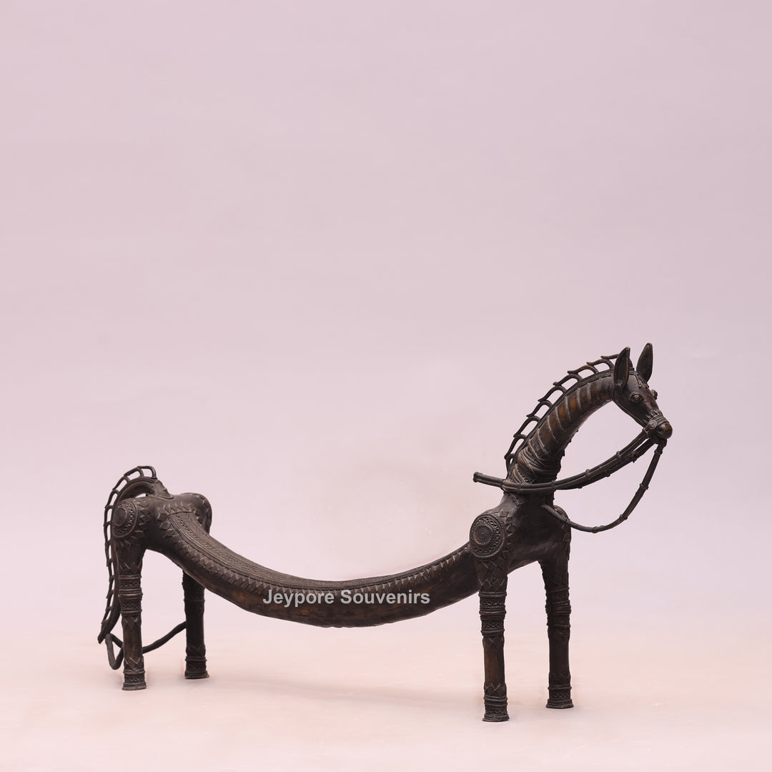 Handcrafted Dhokra Brass Large Tribal Horse Sculpture in Antique Finish
