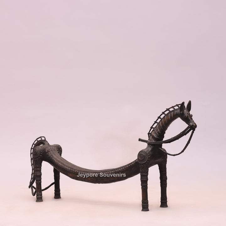 Handcrafted Dhokra Brass Large Tribal Horse Sculpture in Antique Finish