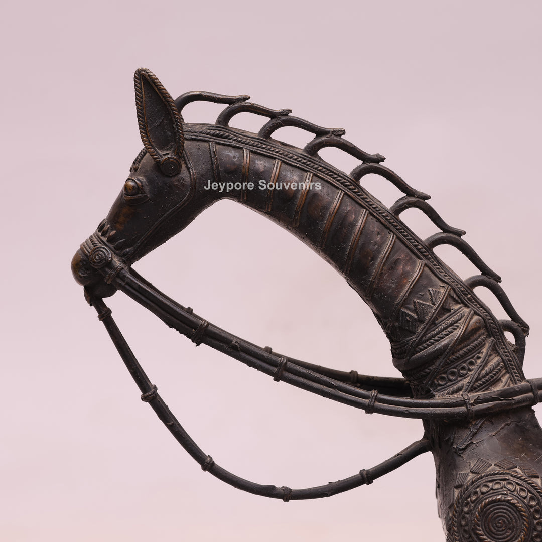 Handcrafted Dhokra Brass Large Tribal Horse Sculpture in Antique Finish