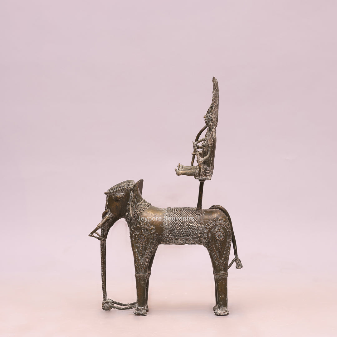 Handcrafted Bastar Dhokra Brass Elephant with Two Tribal Riders