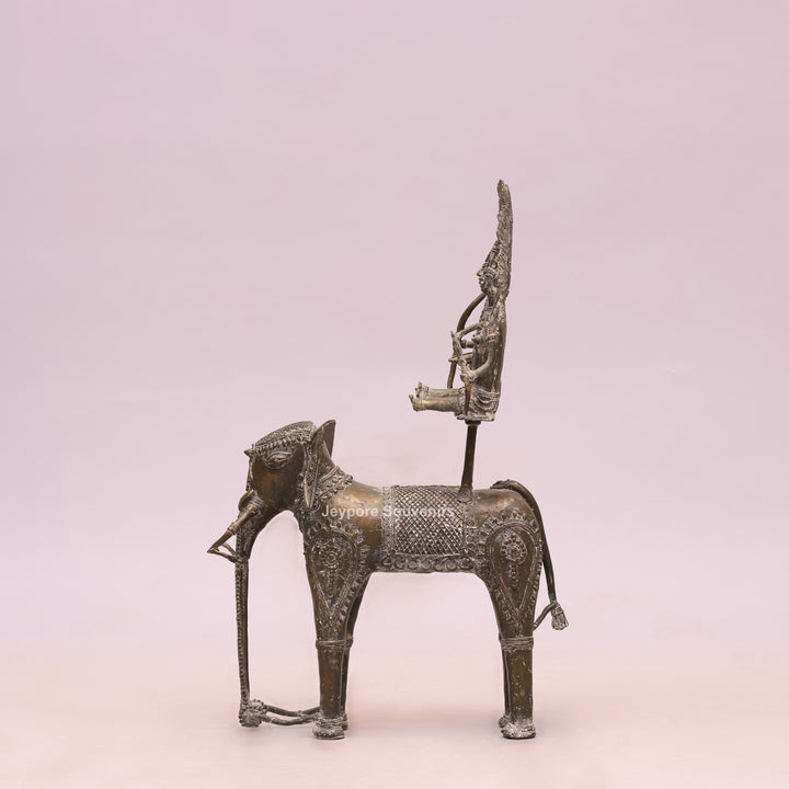 Handcrafted Bastar Dhokra Brass Elephant with Two Tribal Riders