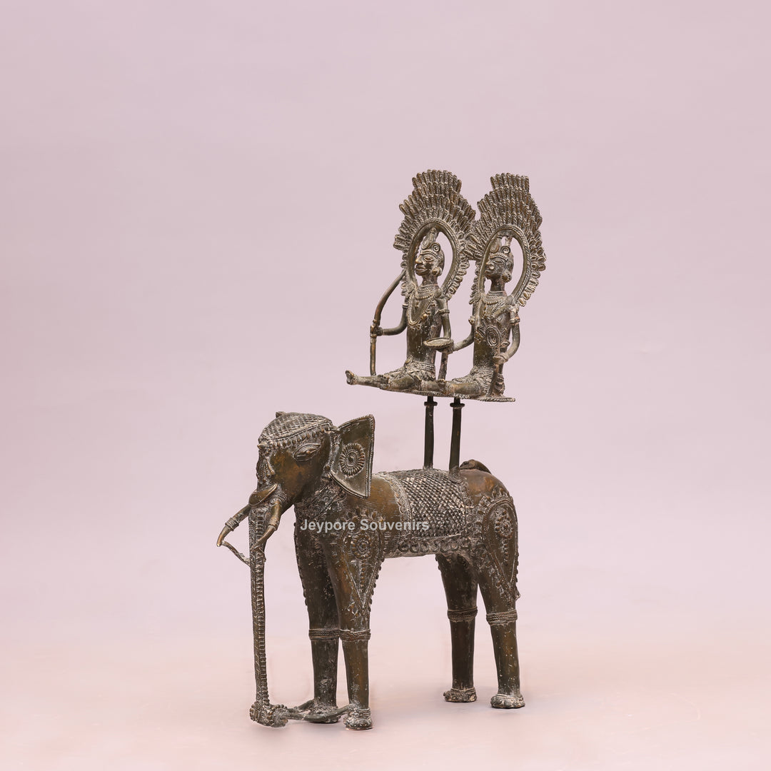 Handcrafted Bastar Dhokra Brass Elephant with Two Tribal Riders