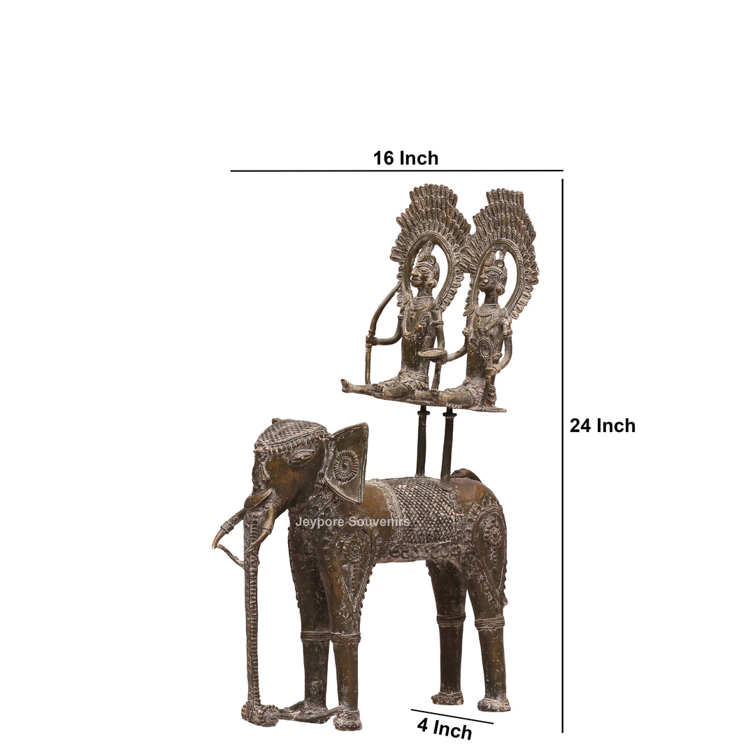 Handcrafted Bastar Dhokra Brass Elephant with Two Tribal Riders