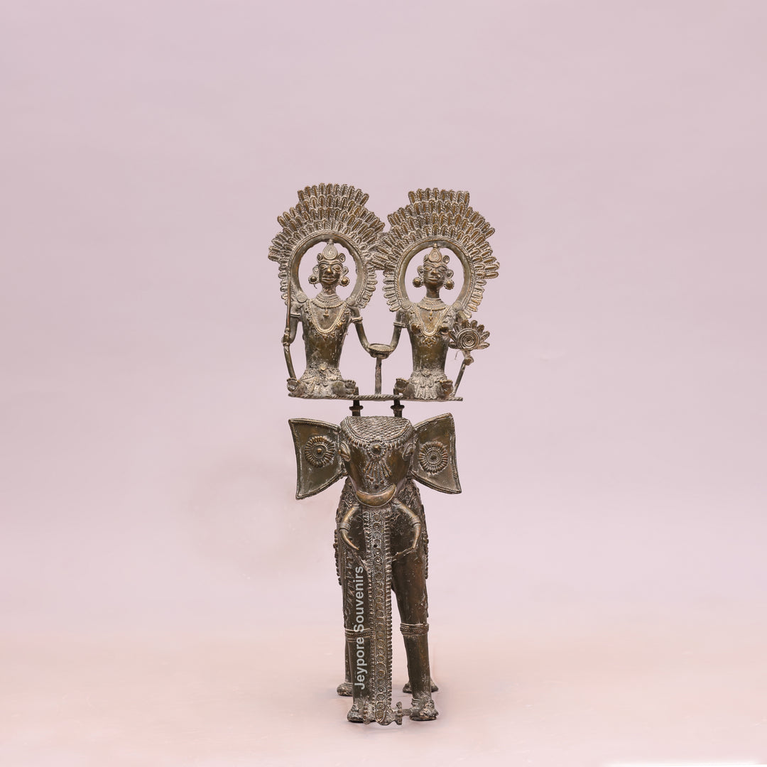 Handcrafted Bastar Dhokra Brass Elephant with Two Tribal Riders
