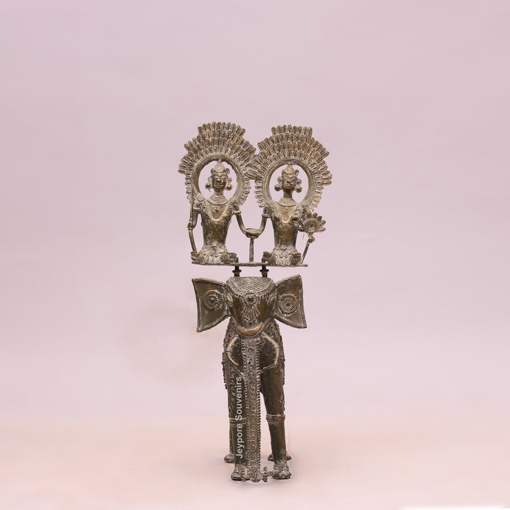 Handcrafted Bastar Dhokra Brass Elephant with Two Tribal Riders