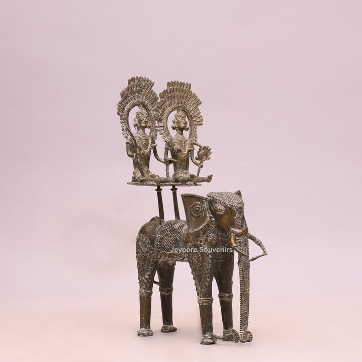 Handcrafted Bastar Dhokra Brass Elephant with Two Tribal Riders