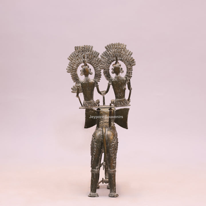 Handcrafted Bastar Dhokra Brass Elephant with Two Tribal Riders