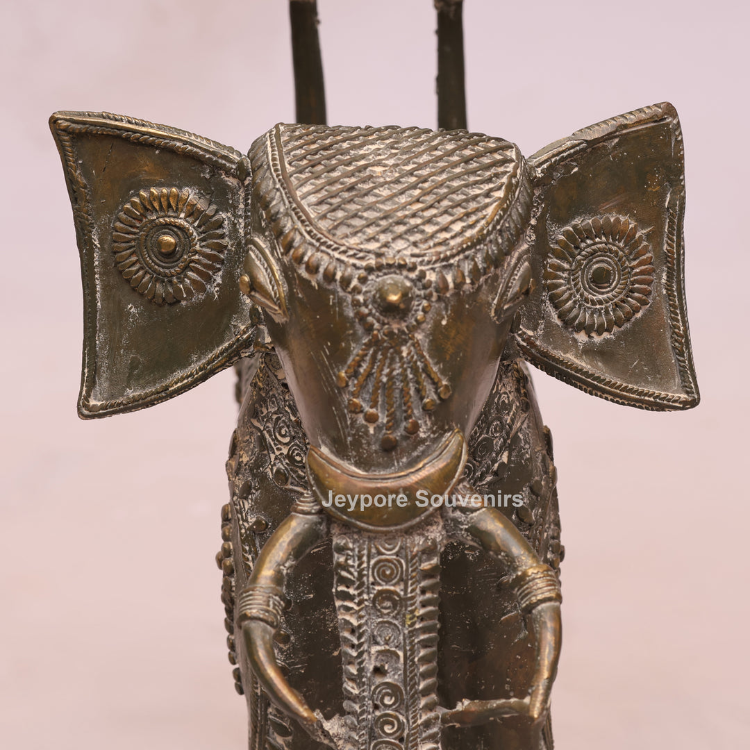 Handcrafted Bastar Dhokra Brass Elephant with Two Tribal Riders