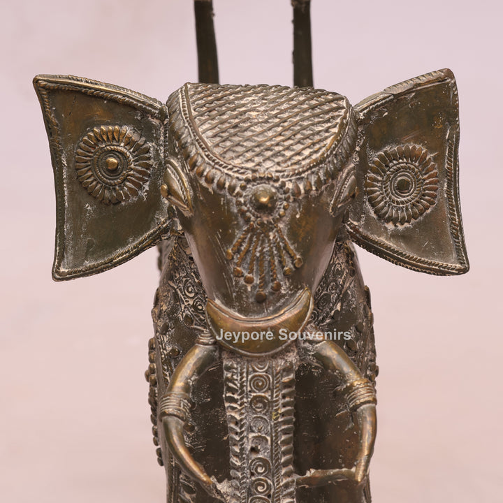 Handcrafted Bastar Dhokra Brass Elephant with Two Tribal Riders