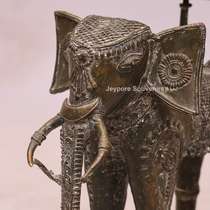 Handcrafted Bastar Dhokra Brass Elephant with Two Tribal Riders