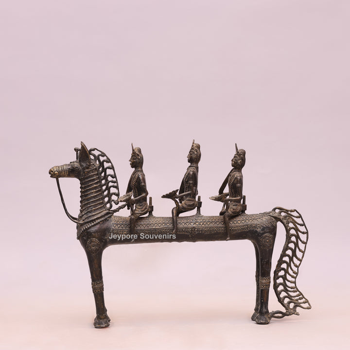 Handcrafted Dhokra Brass Horse Statue with 3 Riders
