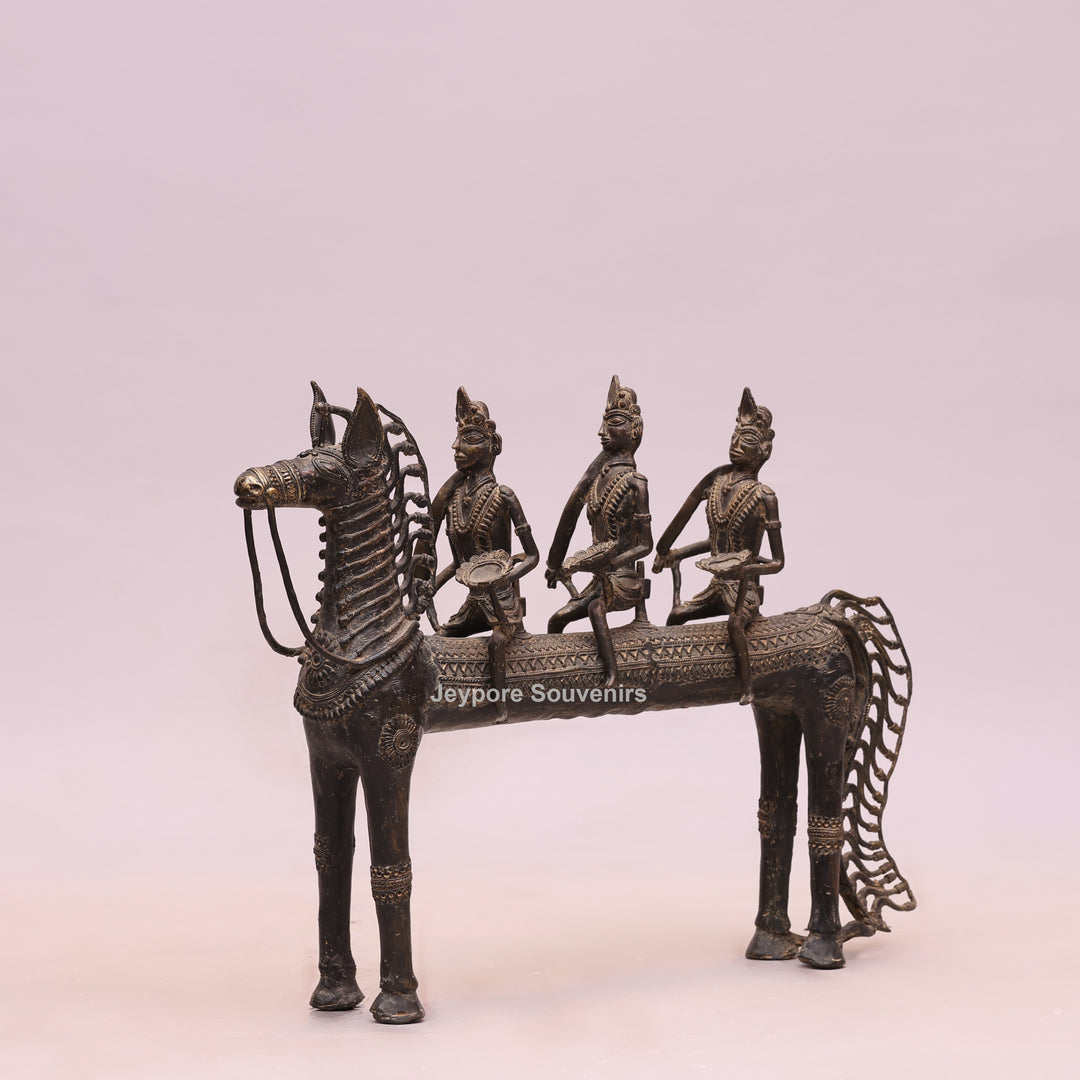 Handcrafted Dhokra Brass Horse Statue with 3 Riders